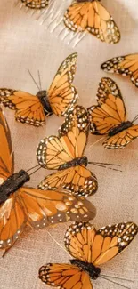 Vibrant orange monarch butterflies on elegant display.