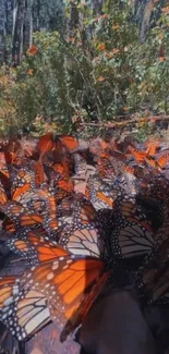 A cluster of monarch butterflies in a sunlit forest, vibrant and serene.