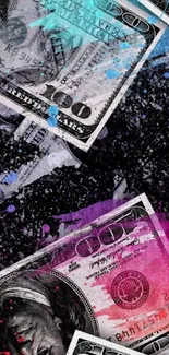 Colorful paint splashes over dollar bills on a dark background mobile wallpaper.