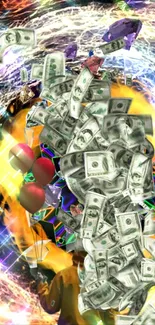 Abstract mobile wallpaper with money explosion and vibrant colors.