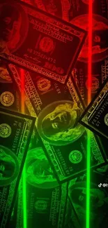 Colorful dollar bills with red and green lasers on black background.