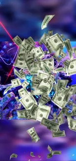 Colorful wallpaper with floating money cascade.