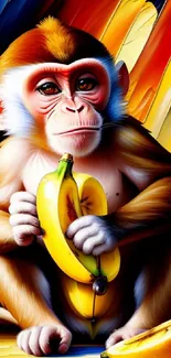 Playful monkey holding bananas with a vibrant abstract background.