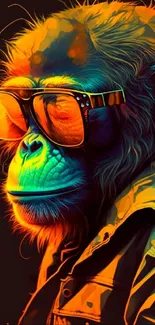 A vibrant neon-colored monkey wearing sunglasses as a stylish mobile wallpaper.