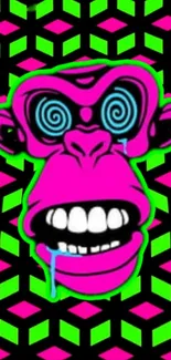 Psychedelic neon monkey art on geometric background