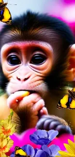 Monkey with butterflies and vibrant flowers on a colorful wallpaper.