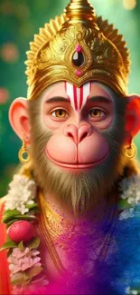 Digitally illustrated monkey deity with vibrant colors and traditional elements.