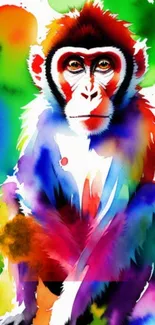 Vibrant watercolor monkey painting with bright, colorful hues and dynamic design.