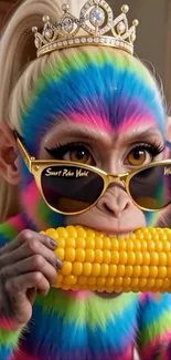 Colorful monkey with sunglasses eating corn.