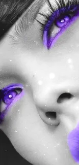 Striking black and white portrait with purple eye and lip accents on mobile wallpaper.