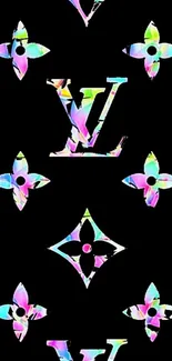 Vibrant monogram pattern on black background mobile wallpaper.