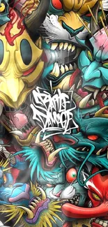 Vibrant monster graffiti art wallpaper with colorful creatures.