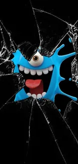 Playful blue monster peeks through cracked black glass wallpaper.