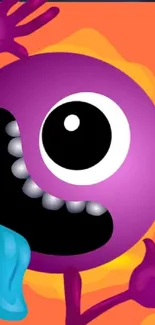 Colorful cartoon monster with purple body and big eye on vibrant background.