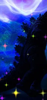 Silhouette of a monster with a vibrant blue and purple starry sky background.