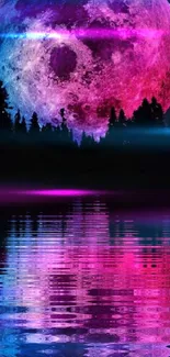 Vibrant pink and blue moon reflecting on a lake at night.