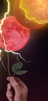 Hand holding a vibrant moonflower with lightning on dark background.