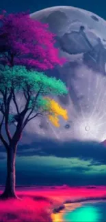 Colorful fantasy wallpaper with moon and tree reflecting on a river.