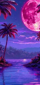 Tropical beach at night with purple sky and full moon.