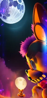 Whimsical cartoon character under a glowing moon with colorful, vibrant elements.