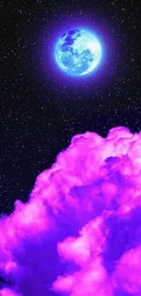 Purple clouds with blue moon in starry sky on mobile wallpaper.