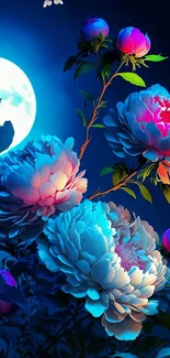 Vibrant floral design with moonlit background.