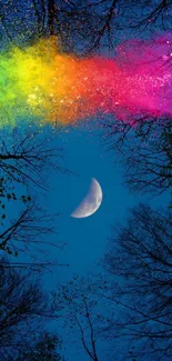 Moonlit forest with vibrant color splash and a night sky.