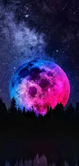 Vibrant pink moon with a galaxy background and silhouetted trees at night.