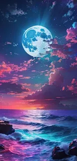 Vibrant moonlit ocean wallpaper with colorful skies.