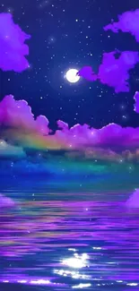 Moonlit ocean with purple clouds reflecting under a starry night sky.