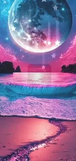 Vivid fantasy wallpaper of a moonlit ocean under a cosmic sky.