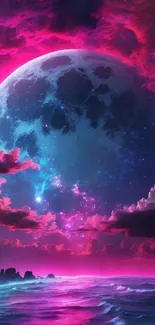 Vibrant pink and blue moon over ocean.