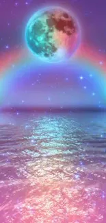 Colorful lunar night with rainbow over shimmering water.