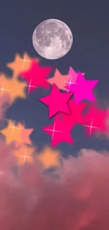 Moonlit sky with vibrant pink and yellow stars.