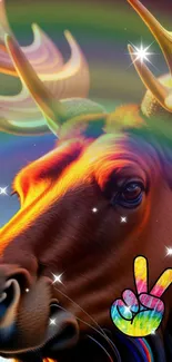 Vibrant moose with rainbow horns and peace symbol in colorful mobile wallpaper.