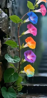 Vibrant morning glory blooms against stone wall.