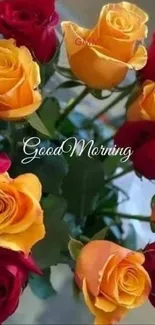 Vibrant bouquet of red and yellow roses with 'Good Morning' text.