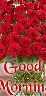 Beautiful bouquet of red roses with 'Good Morning' text.