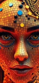 Colorful mosaic art face with vibrant orange tones.