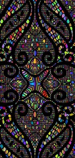 Vibrant mosaic art with colorful detailed patterns on a black background.