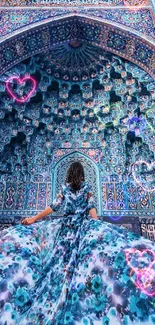 Woman in floral dress admiring intricate blue mosaic patterned wall.