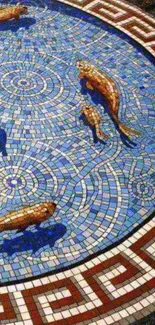 Vibrant mosaic fish design with blue tiles in circular pattern.