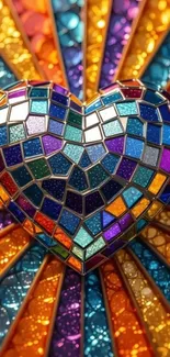 Mosaic heart with vibrant colorful pattern background.