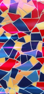 Colorful mosaic wallpaper with red, blue, and yellow geometric shapes.