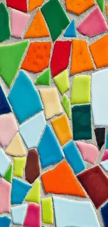 Vibrant mosaic wallpaper with colorful geometric shapes.