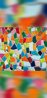 Vibrant mosaic wallpaper with colorful geometric shapes.