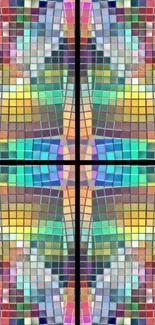 Vibrant mosaic design with colorful geometric squares.