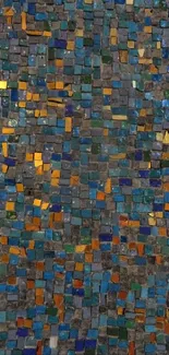 Vibrant mosaic tile pattern wallpaper in blue, orange, and green colors.