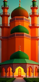 Vibrant orange and green mosque with intricate architectural details.