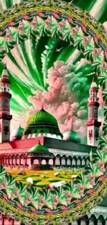 Vibrant artistic wallpaper of a mosque with green and red details.